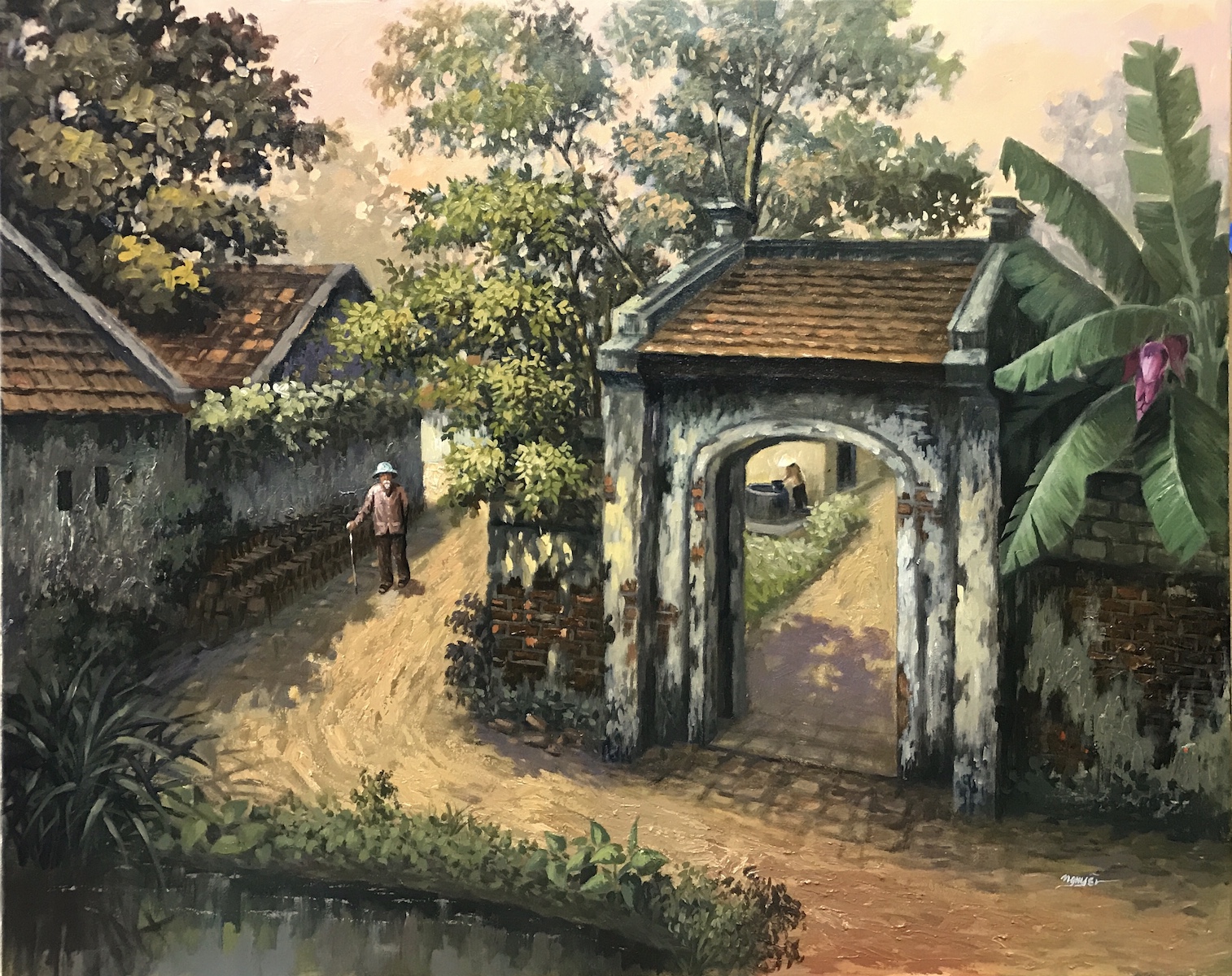 Tranh sứ Bát Tràng vẽ phong cảnh làng quê Việt Nam